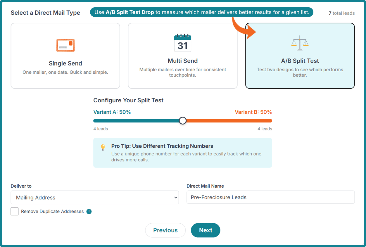 A/B Split Test Drop - Direct Mail Type