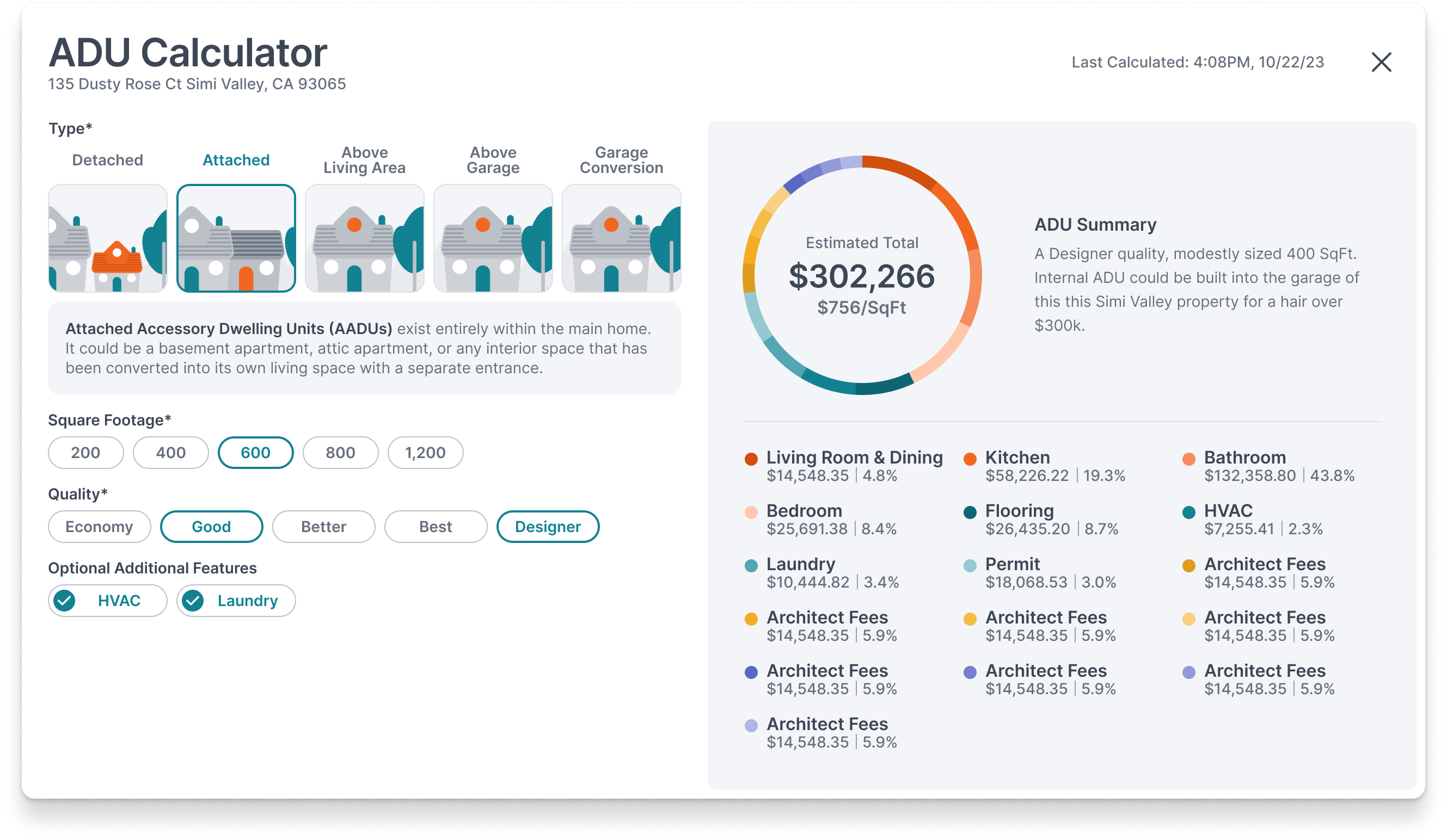 ADU Calculator - Fields Selected and Results Shown