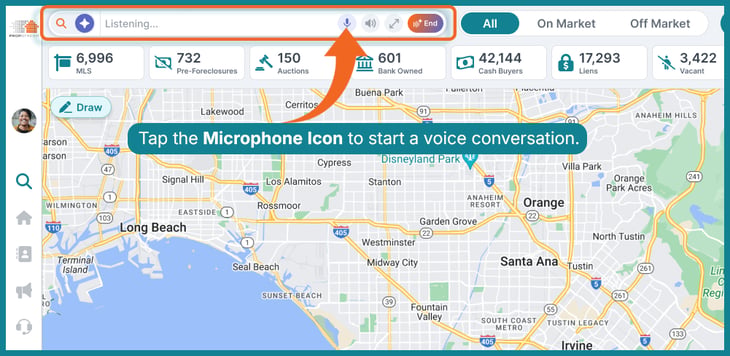 Look for the microphone icon to start a voice conversation, follow the live listening and response indicators, and expand the view anytime to see the full transcript.