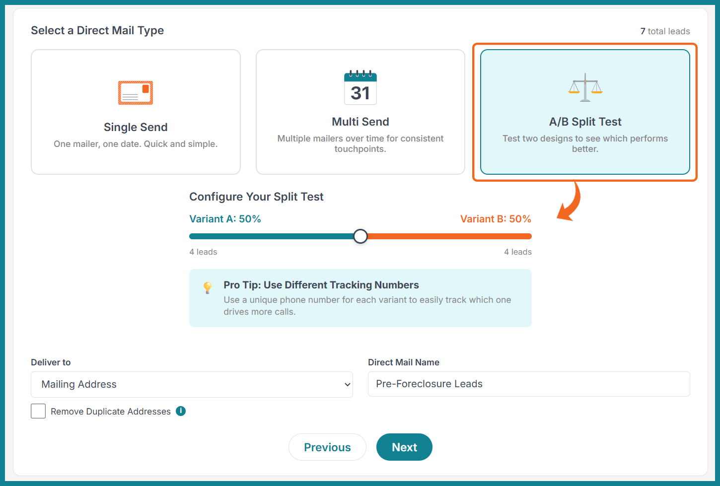 Choose the Ab Split Test Option
