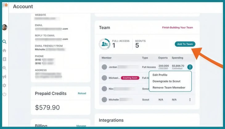 Team access for Investor Outreach