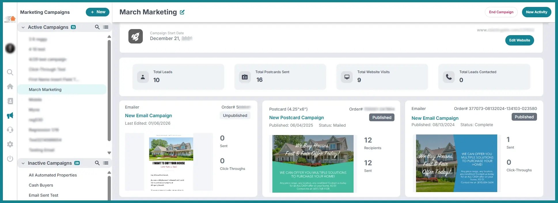 Enhanced email and postcard campaign dashboard