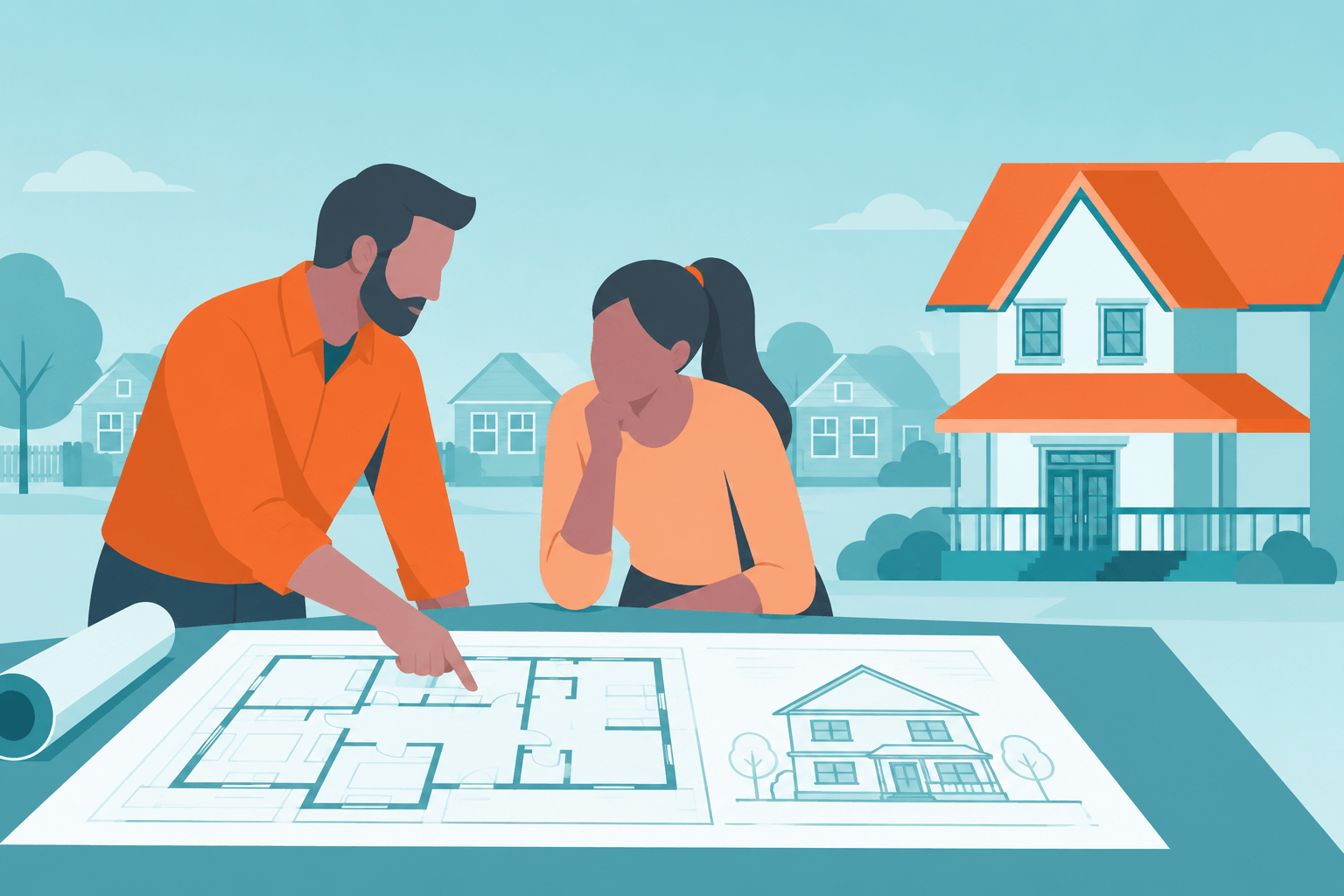 Both investors review a property blueprint, with the mentor pointing to the next stage.