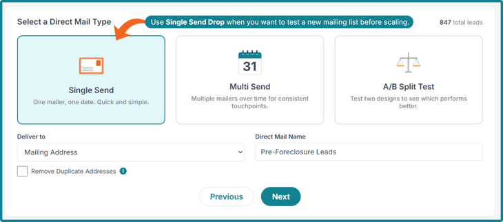 Single send drop - Direct Mail type