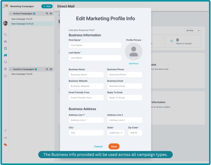 Marketing profile or sender information in Direct Mail