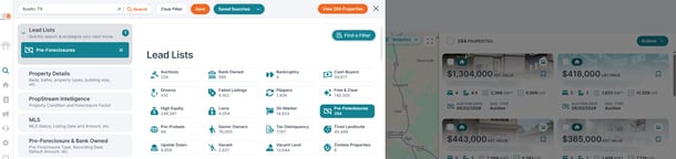 Using PropStream's Pre-Foreclosure Lead List, a search for pre-foreclosure properties in Austin