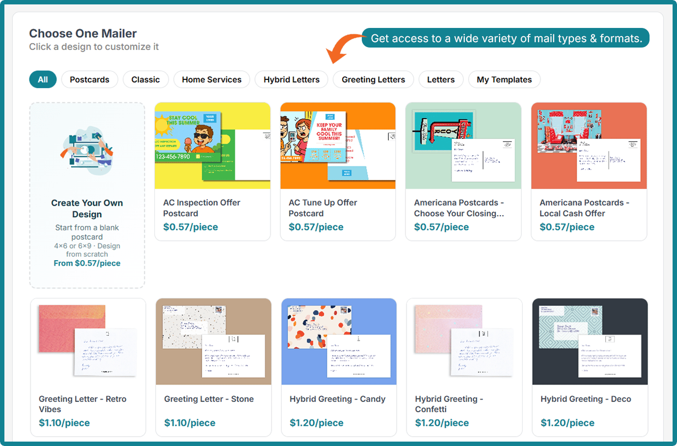 Propstream has a wide variety of direct mail types and formats