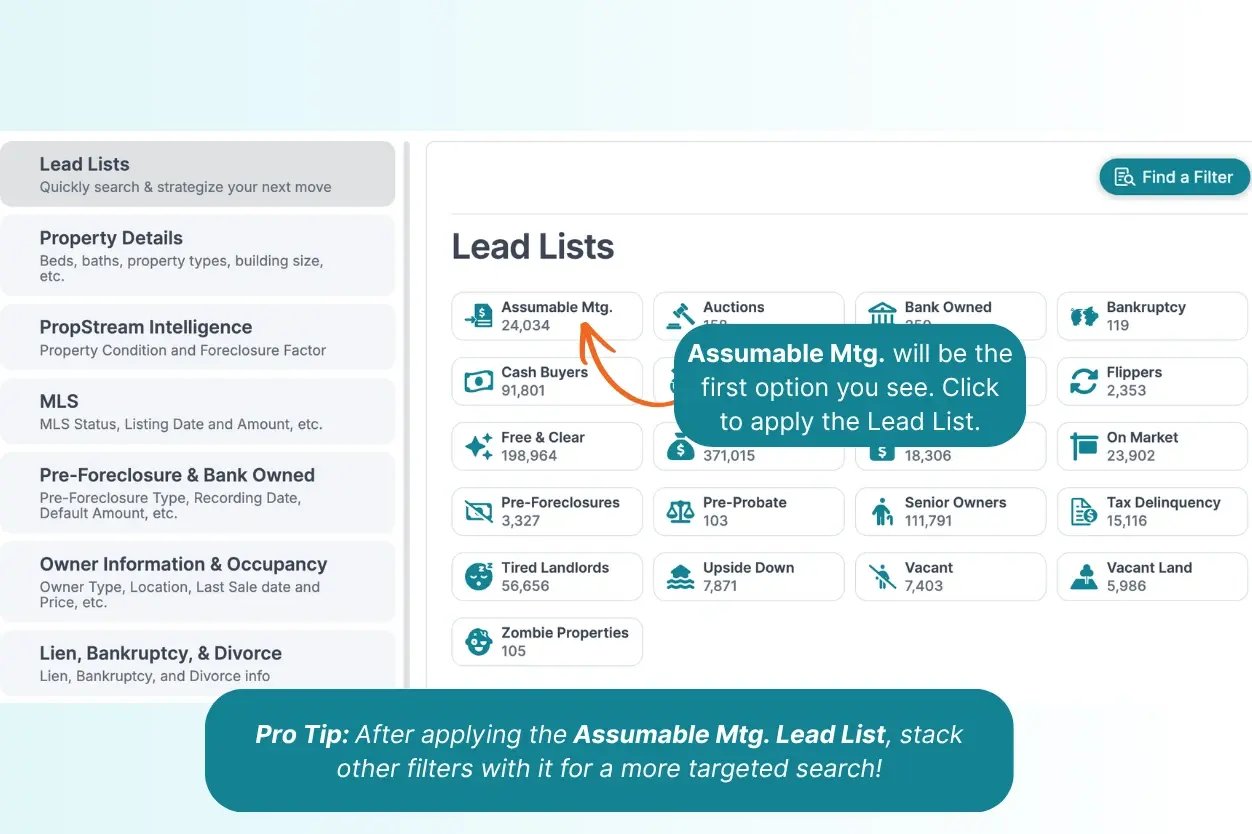 PropStream lead list menu with assumable mortgages lead list