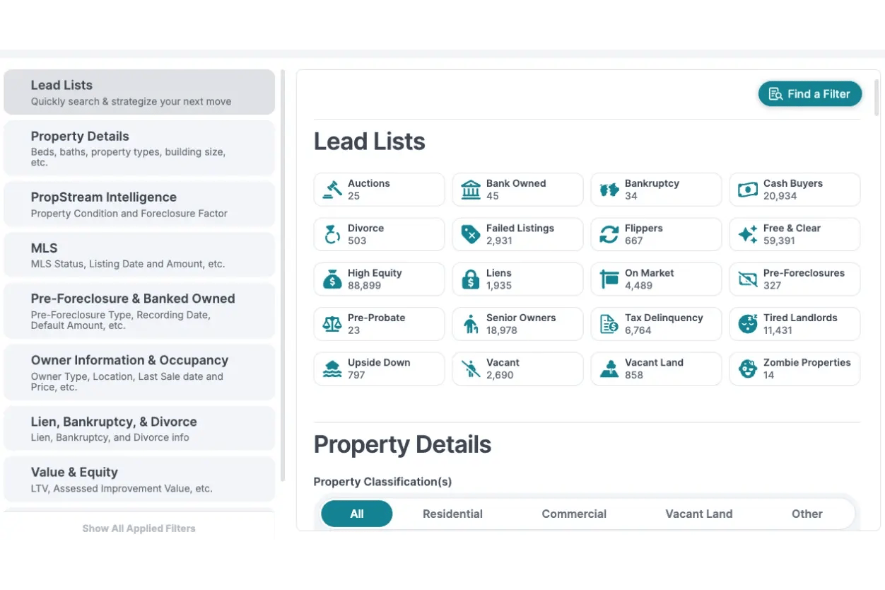 lead list menu overview for propstream