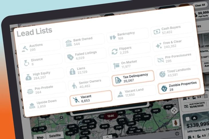 propstream screen shot tax delinquency vacant and zombie properties