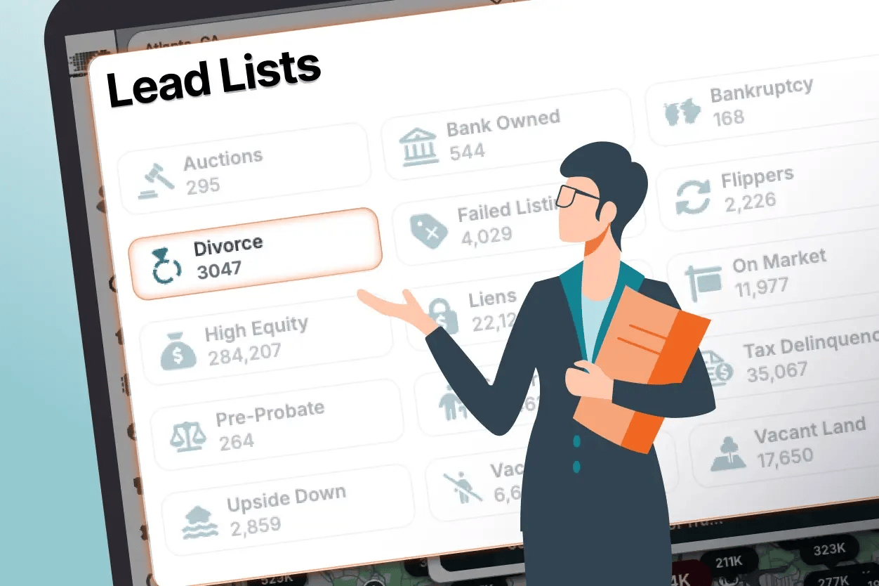 a graphic featuring the PropStream Divorce lead list