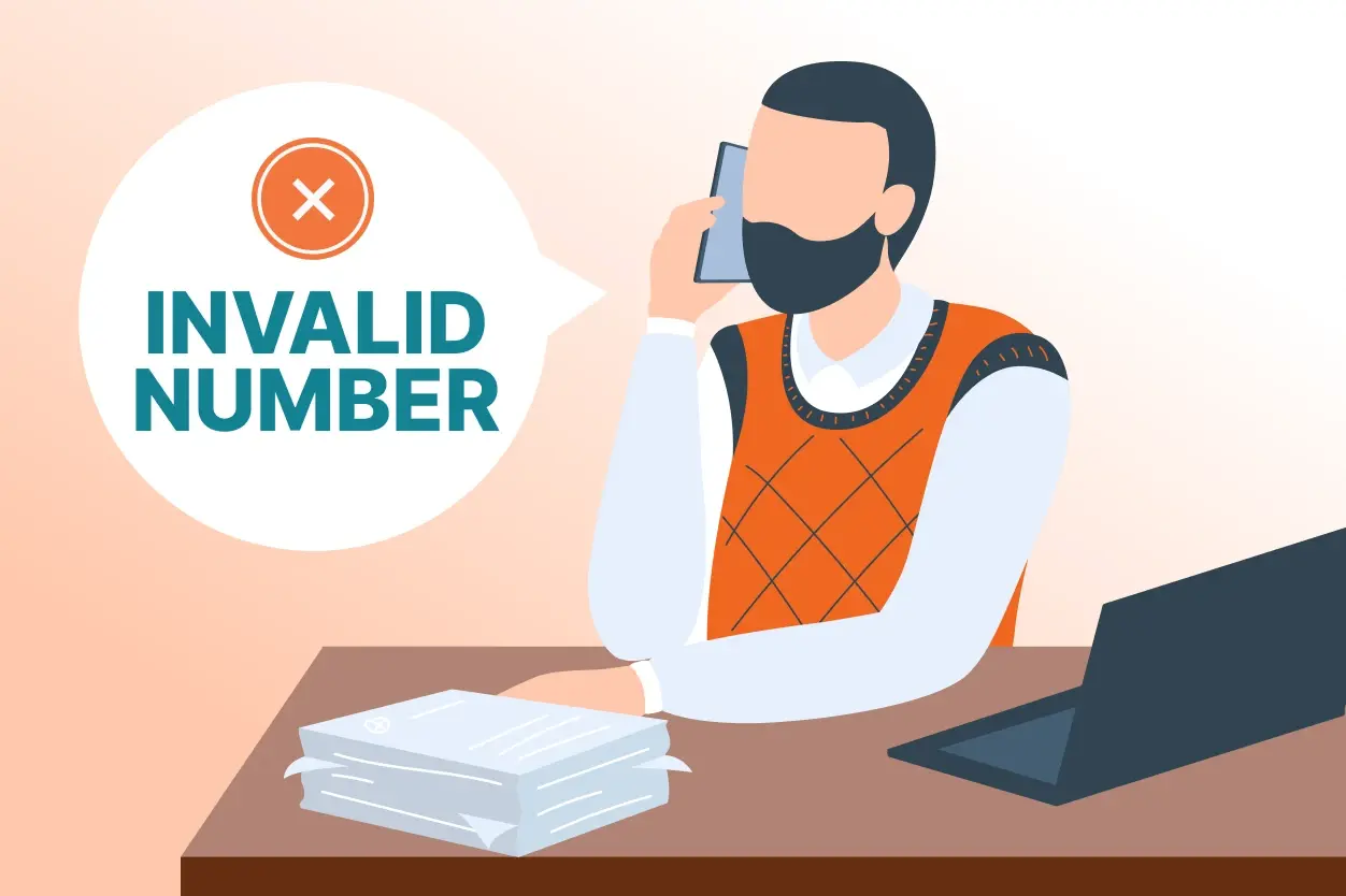 a visual showing an investor trying to call a lead, with the phone displaying a large “Not Reachable” or “Invalid Number” error.