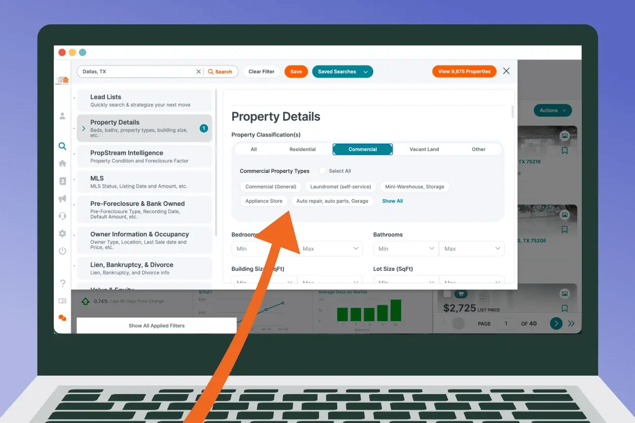 commercial real estate listings - filter in propstream