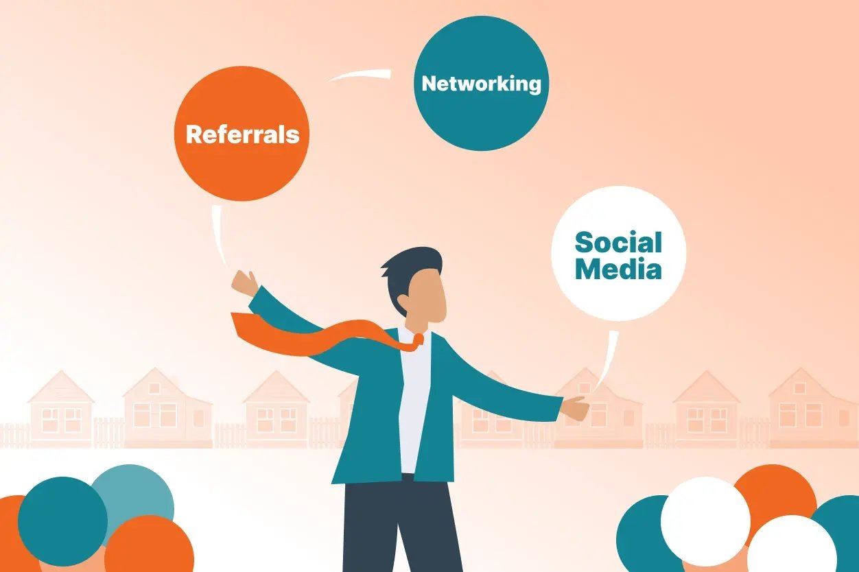 a visual showing an agent juggling three lead-generation balls labeled “Referrals,” “Networking,” and “Social Media.”