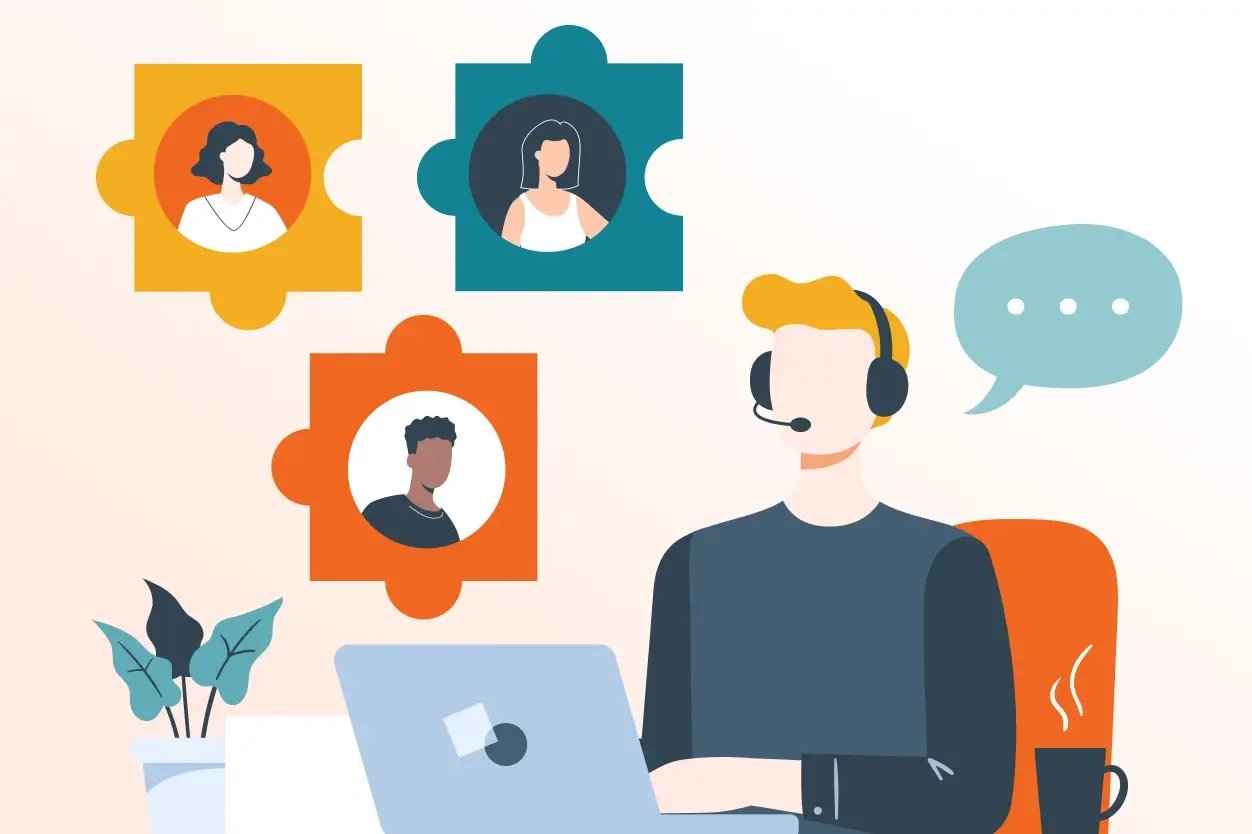 a visual that shows several seller profiles as puzzle pieces, with an agent matching a unique message piece to each seller, representing outreach tailored to each niche.