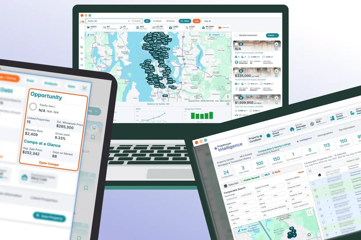 a graphic highlighting multiple layers within the PropStream app, like search, listing, transaction history, comps, into a single screen
