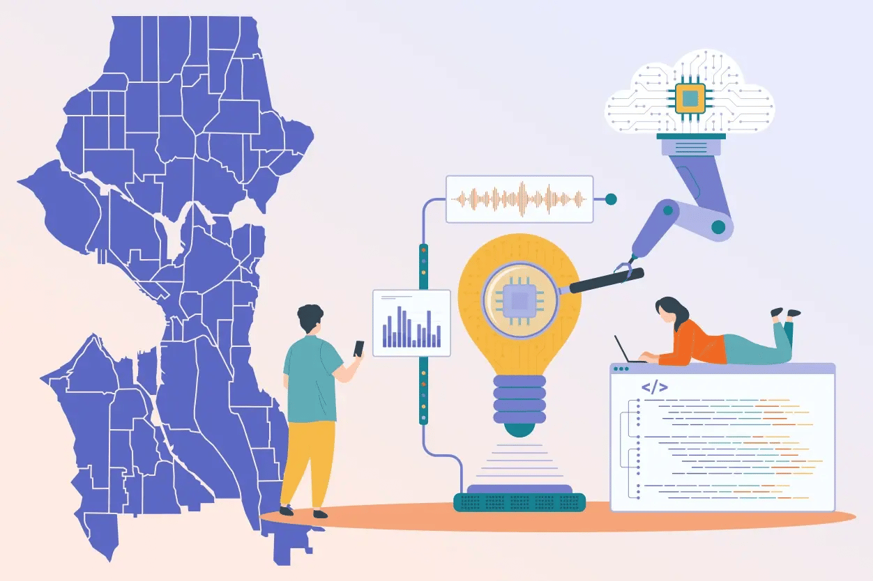 Seattle map view with icons signifying tech HQ’s and growth