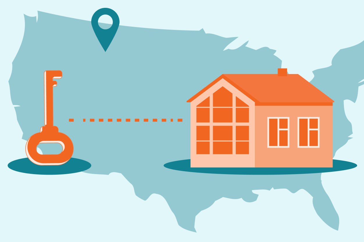 map of united states in background with a key connected to a house in the foreground