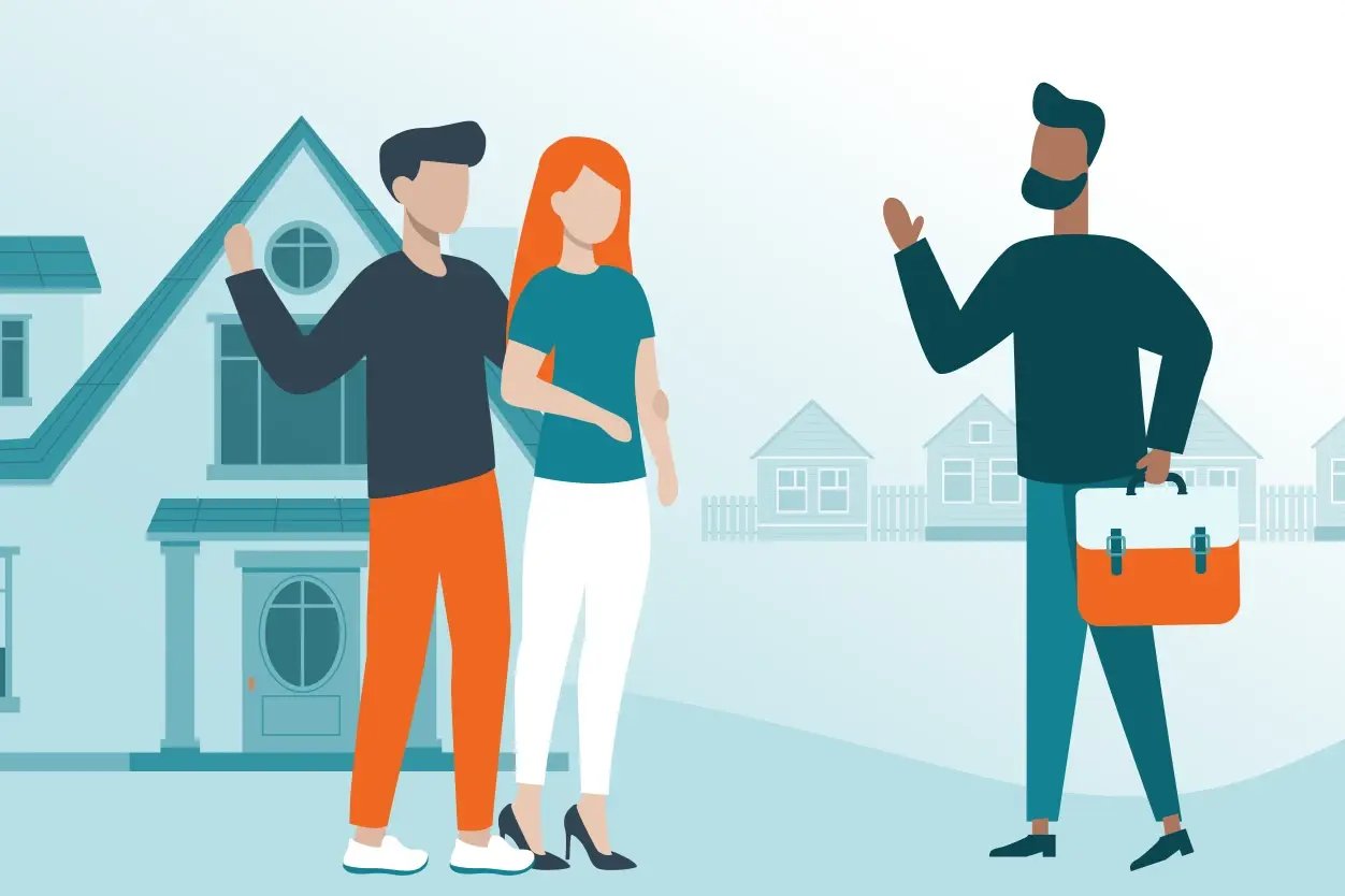 a visual showing a real estate investor speaking directly with a homeowner in front of their property