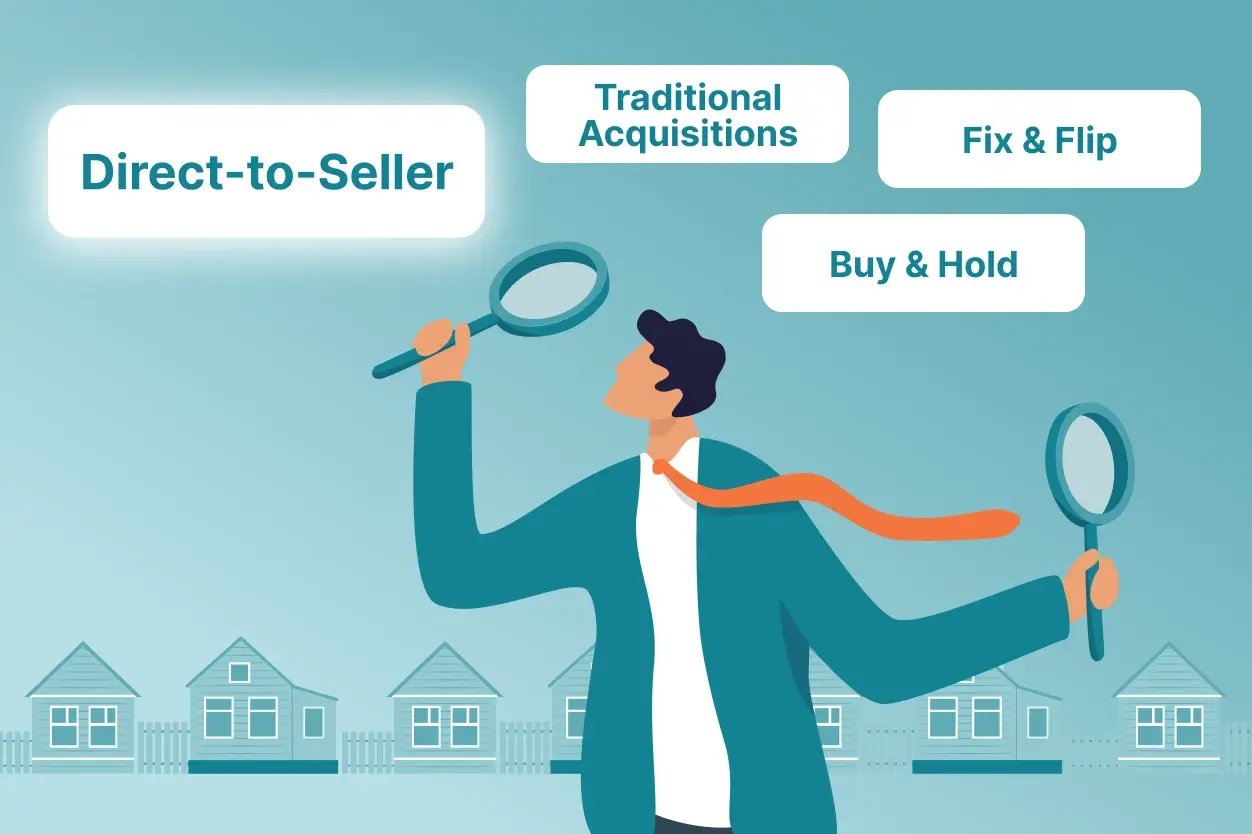 a visual showing a set of real estate investment strategy cards, including Traditional Acquisitions, Fix & Flip, Buy & Hold, and Direct-to-Seller, with the Direct-to-Seller card highlighted.