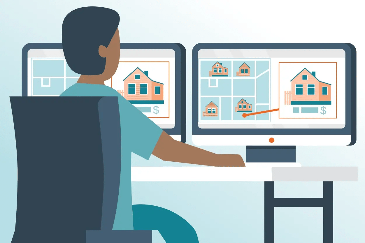 Virtual wholesaling : a visual showing a real estate investor working from a home office on a laptop, connected to properties in different cities through a digital map
