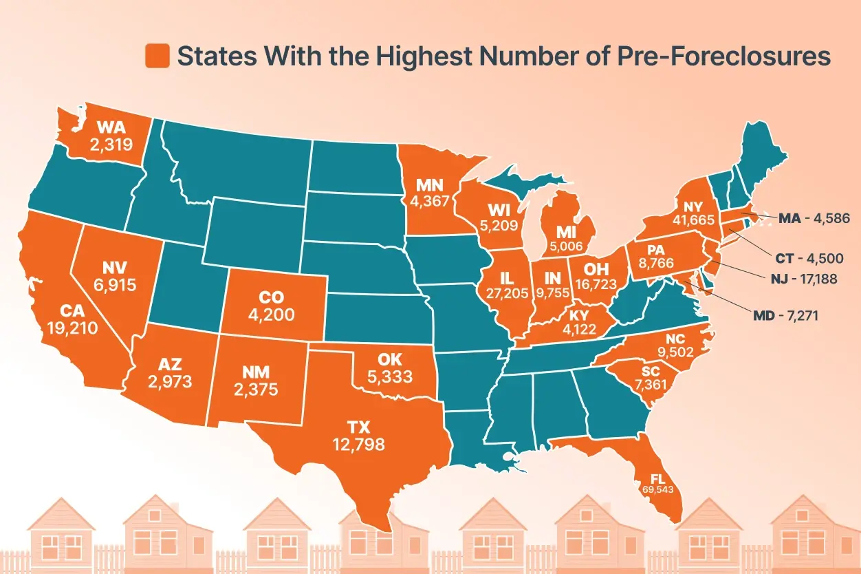 U.S. map of the top 25 states with the highest number of Pre-Foreclosures