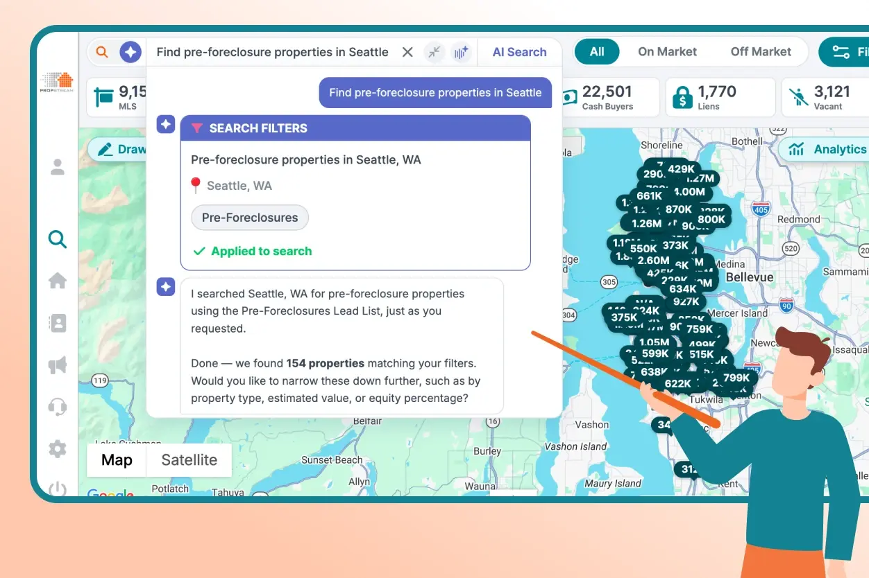 PropStream's AI Search highlighting the prompt “Find pre-foreclosure properties in Seattle.”