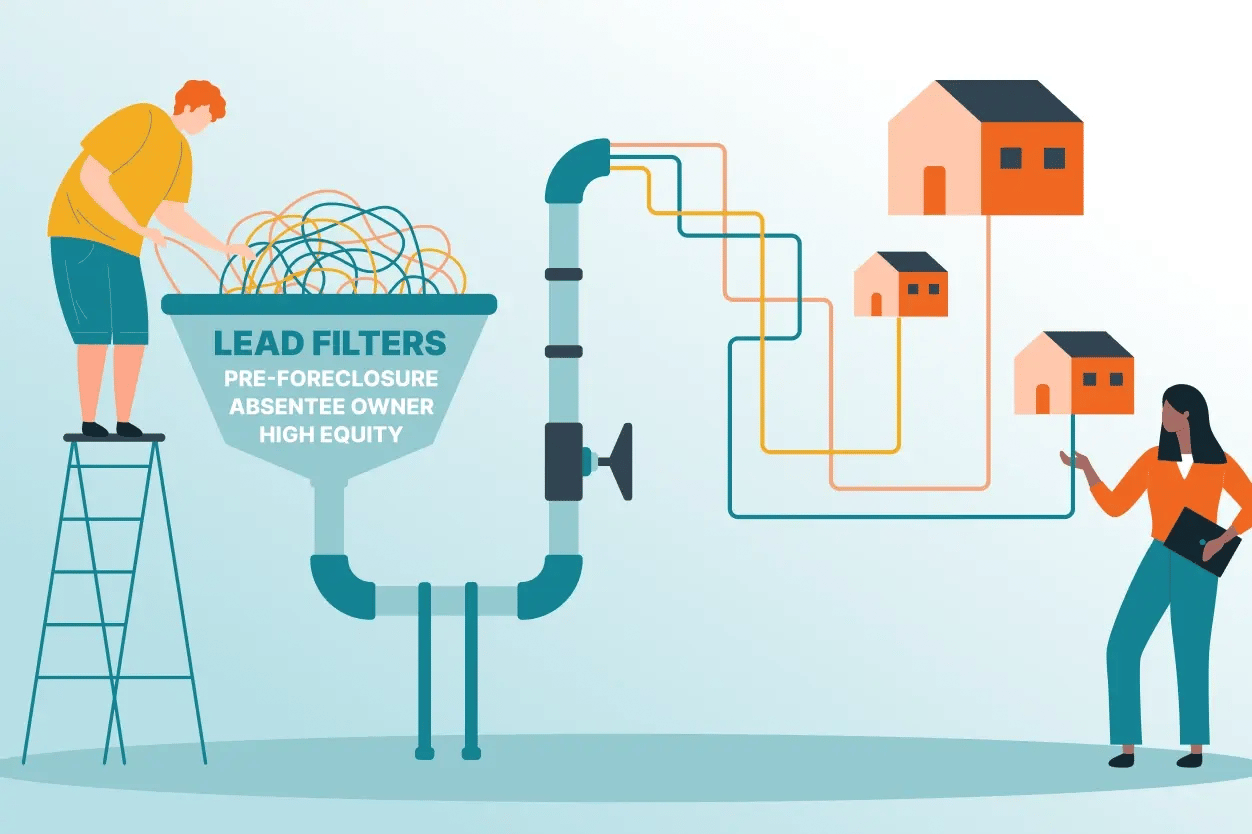 a visual showing multiple property filters stacking together to narrow a large pool of homeowners into a smaller, more focused group of potential leads.
