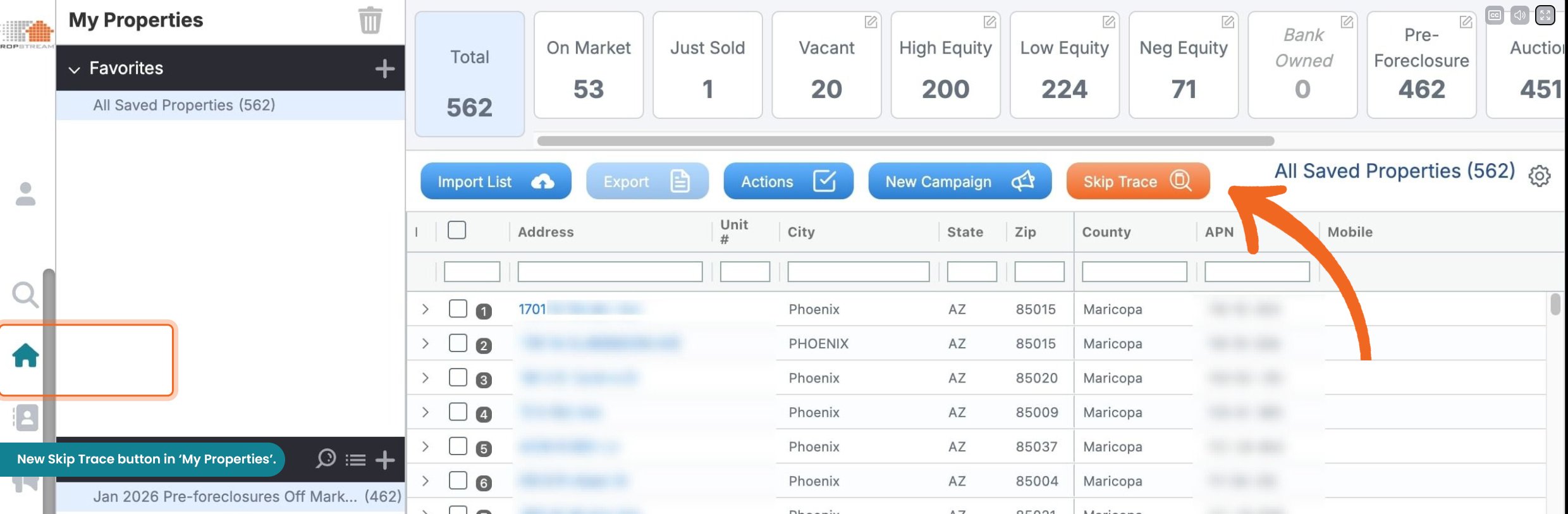 skip trace button in my properties