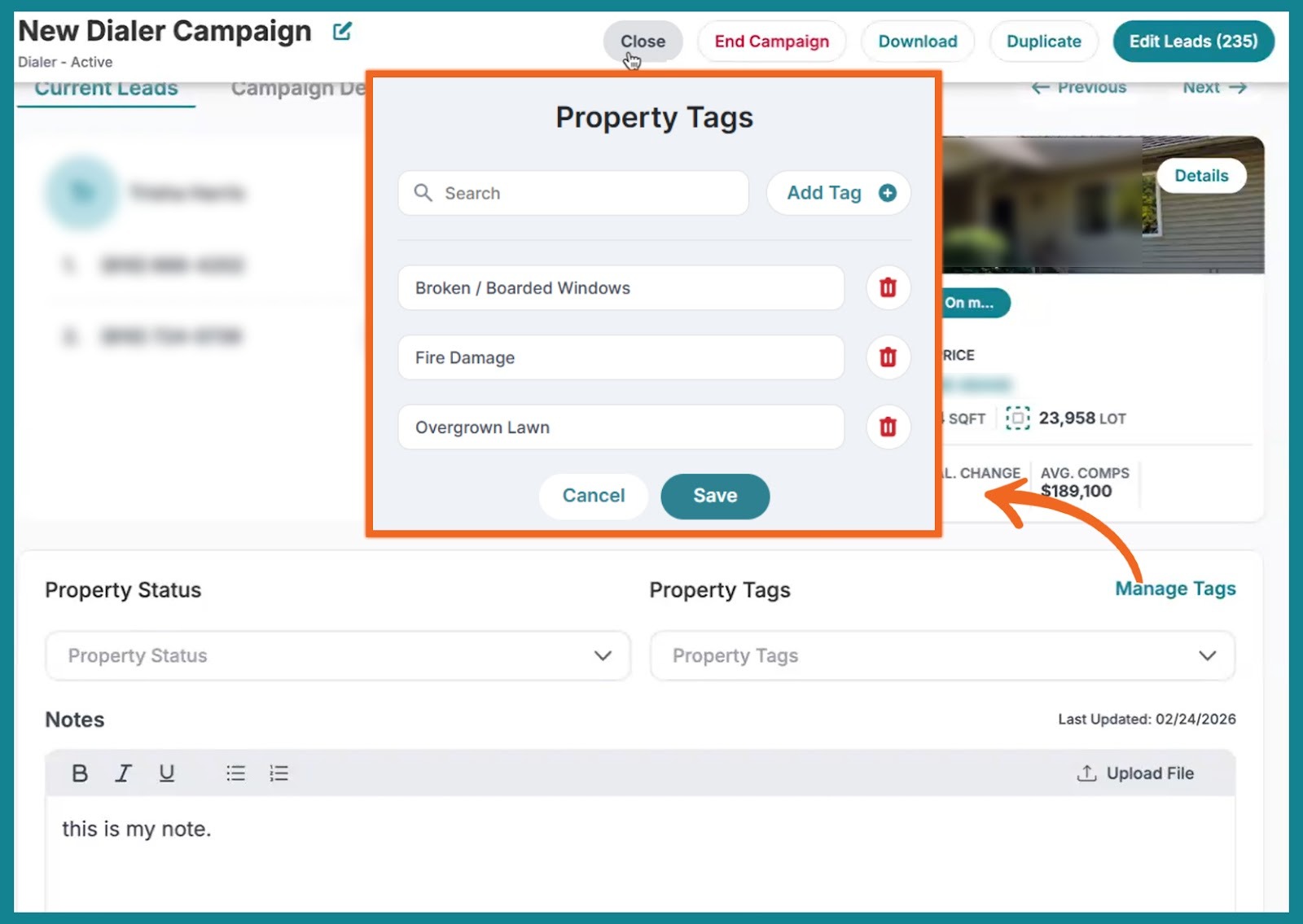 Dialer campaign- Property tags section