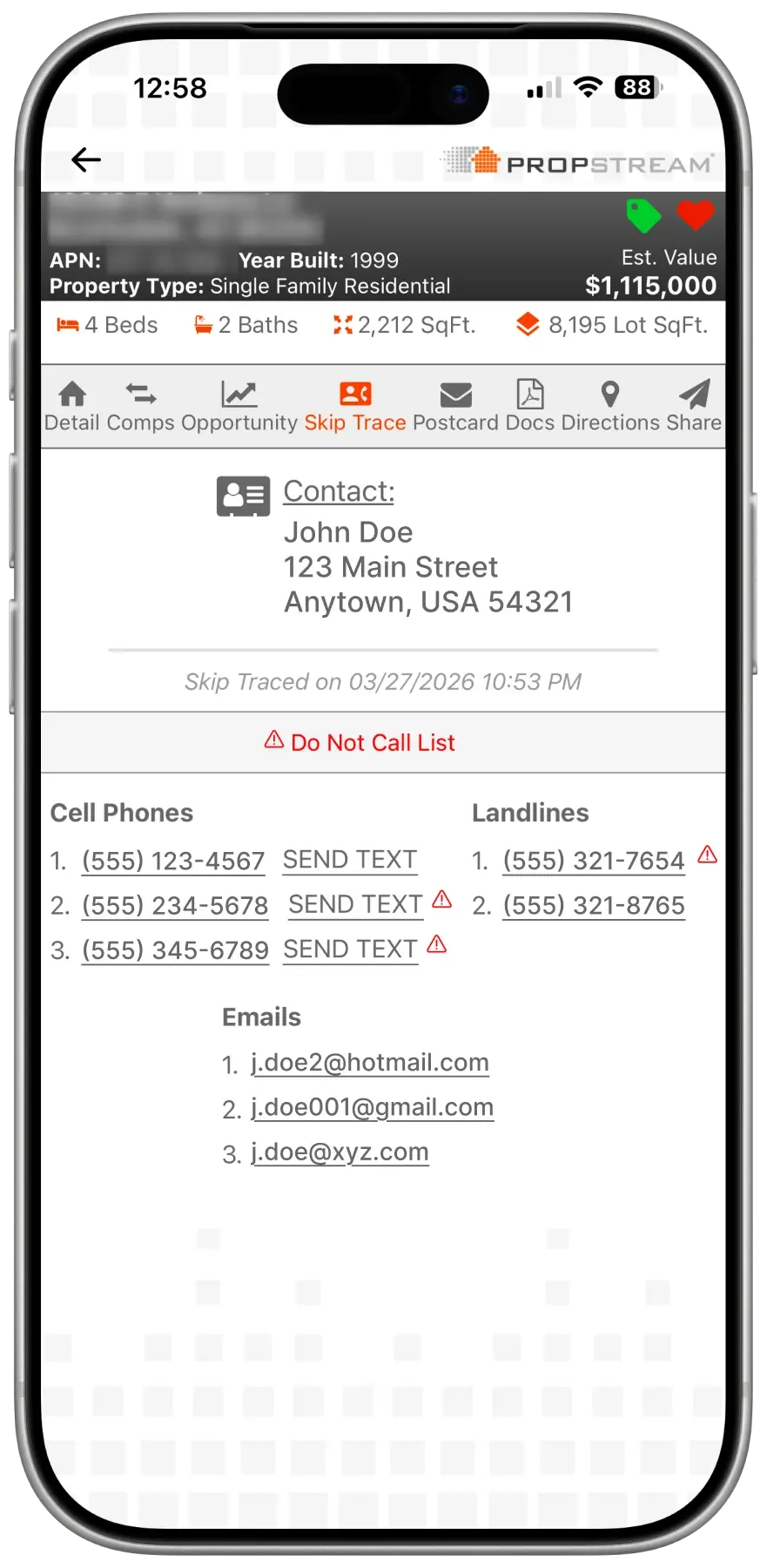 Skip trace and make calls in-app